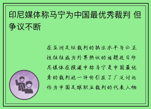 印尼媒体称马宁为中国最优秀裁判 但争议不断